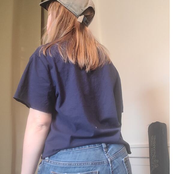 Reworked Upcycle Navy Blue Coffee Tea Applique Crop Crewneck Tee - Picture 3 of 4